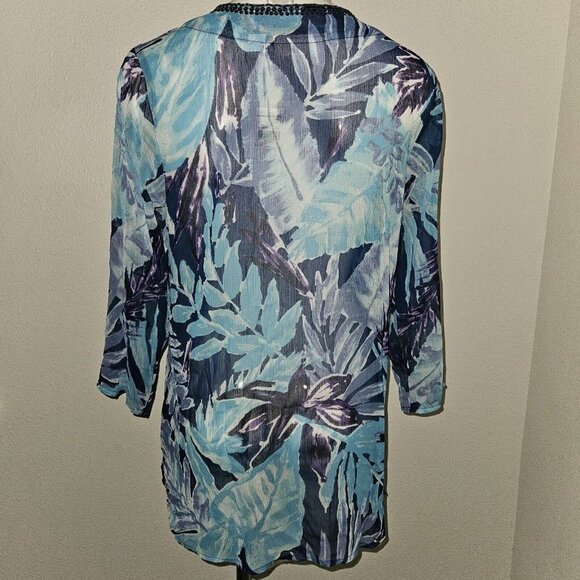 NEW Tantrums Blue Tropical Sheer Shirt Cover-Up Size Small Beaded Floral Vaca - Picture 6 of 11